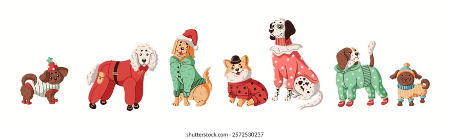 Funny domestic dogs in warm clothes flat color vector icon set. Adorable canine pets wearing for winter walk characters pack on white background