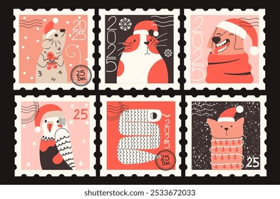 Funny domestic pets on Christmas stamps. New Year hand-drawn vector set. Cute character cat, snake, dog, mouse, parrot and guinea pig