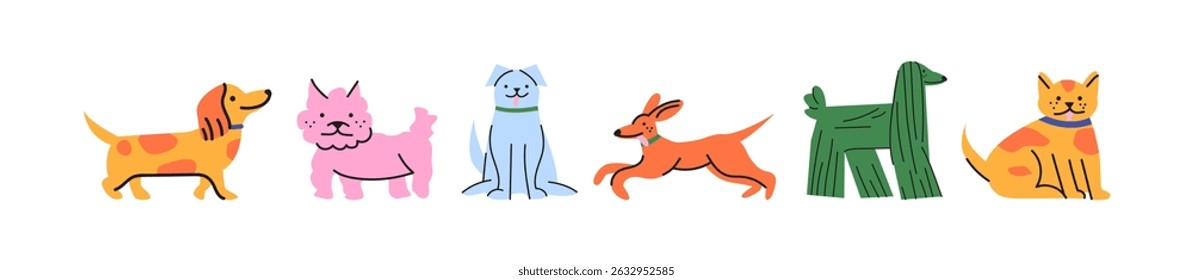 Funny domestic pets set in retro cartoon style. Cartoon animals: cats, dogs, puppies, kittens. Illustration in funky, doodle style, trendy sticker set.