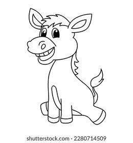 Funny donkey cartoon characters vector illustration. For kids coloring book.