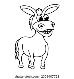 Funny donkey cartoon characters vector illustration. For kids coloring book.