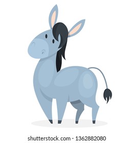 Funny donkey. Domestic animal character. Gray friendly farm mammal. Isolated vector illustration in cartoon style