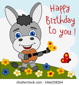Funny donkey with guitar playing a song Happy birthday to you - greeting card