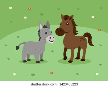 Funny donkey with his horse friend. 100% vector file.