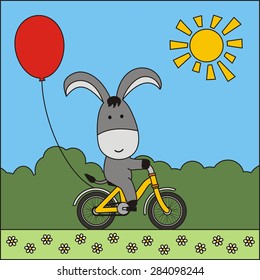 Funny donkey on bike with red balloon.