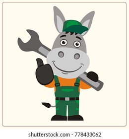 Funny donkey in wearing overalls with the large wrench on her shoulder in cartoon style shows like.