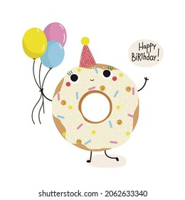 Funny donut with balloons. Happy Birthday card. Vector hand drawn illustration.