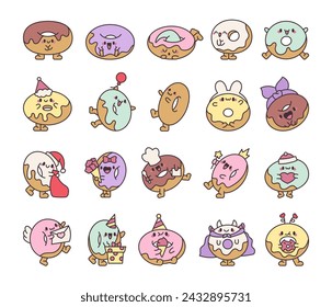 Funny donut cartoon character. Adorable kawaii sweet food. Hand drawn style. Vector drawing. Collection of design elements.