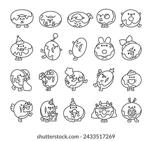 Funny donut cartoon character. Coloring Page. Adorable kawaii sweet food. Hand drawn style. Vector drawing. Collection of design elements.