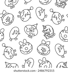 Funny donut cartoon character. Seamless pattern. Coloring Page. Adorable kawaii sweet food. Hand drawn style. Vector drawing. Design ornaments.