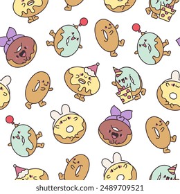 Funny donut cartoon character. Seamless pattern. Adorable kawaii sweet food. Hand drawn style. Vector drawing. Design ornaments.