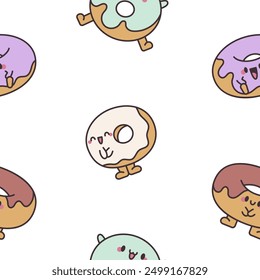 Divertido personaje de dibujos animados de donas. Patrón sin fisuras. Adorable comida dulce kawaii. Estilo dibujado a mano. Dibujo de Vector. Diseña adornos.