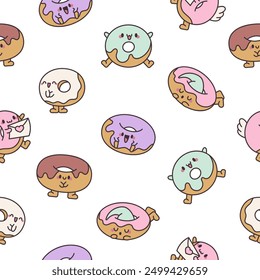 Divertido personaje de dibujos animados de donas. Patrón sin fisuras. Adorable comida dulce kawaii. Estilo dibujado a mano. Dibujo de Vector. Diseña adornos.