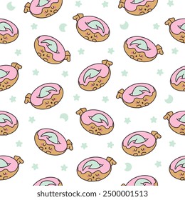 Divertido personaje de dibujos animados de donas. Patrón sin fisuras. Adorable comida dulce kawaii. Estilo dibujado a mano. Dibujo de Vector. Diseña adornos.