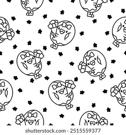 Funny donut cartoon character. Seamless pattern. Coloring Page. Adorable kawaii sweet food. Hand drawn style. Vector drawing. Design ornaments.