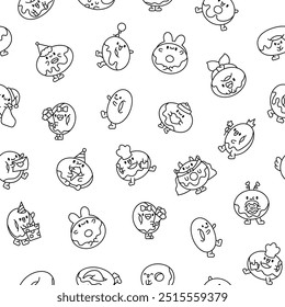 Funny donut cartoon character. Seamless pattern. Coloring Page. Adorable kawaii sweet food. Hand drawn style. Vector drawing. Design ornaments.