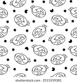 Funny donut cartoon character. Seamless pattern. Coloring Page. Adorable kawaii sweet food. Hand drawn style. Vector drawing. Design ornaments.