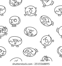 Funny donut cartoon character. Seamless pattern. Coloring Page. Adorable kawaii sweet food. Hand drawn style. Vector drawing. Design ornaments.