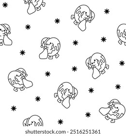 Funny donut cartoon character. Seamless pattern. Coloring Page. Adorable kawaii sweet food. Hand drawn style. Vector drawing. Design ornaments.