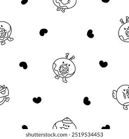 Funny donut cartoon character. Seamless pattern. Coloring Page. Adorable kawaii sweet food. Hand drawn style. Vector drawing. Design ornaments.