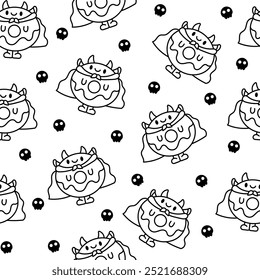 Funny donut cartoon character. Seamless pattern. Coloring Page. Adorable kawaii sweet food. Hand drawn style. Vector drawing. Design ornaments.