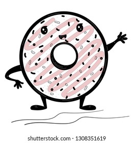 Funny donut cartoon character with sprinkles. Hand drawn vector illustration