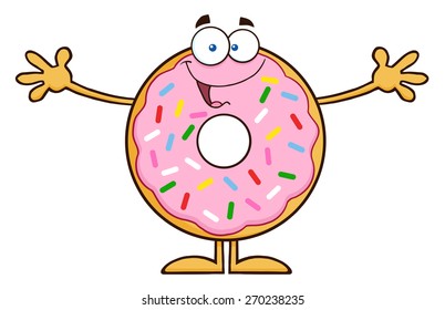 Funny Donut Cartoon Character With Sprinkles Wanting A Hug. Vector Illustration Isolated On White