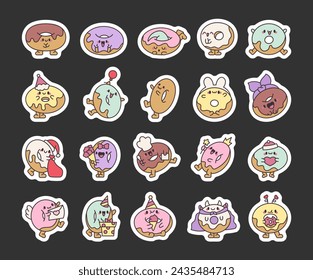 Funny donut cartoon character. Sticker Bookmark. Adorable kawaii sweet food. Hand drawn style. Vector drawing. Collection of design elements.