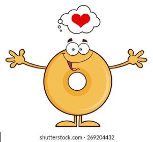 Funny Donut Cartoon Character Thinking Of Love And Wanting A Hug. Vector Illustration Isolated On White