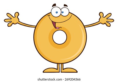 Funny Donut Cartoon Character Wanting A Hug. Vector Illustration Isolated On White