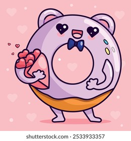 Funny donut character with bouquet in kawaii style.Vector illustration for Valentine's Day