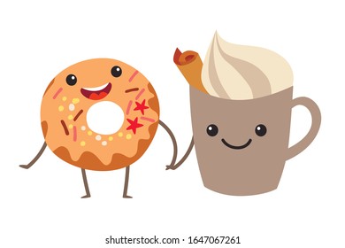 Funny donut and cup of coffee vector illustration. Happy donut character with cute face. Glazed sweet donut emoji. Emotional pastry food. Bakery icon, isolated on white background