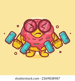 funny donut food character mascot doing bodybuilding using dumbbell isolated cartoon in flat style design
