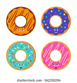 Funny donut icons set in flat style. vector illustration isolate on a white background