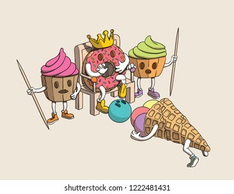 Funny Donut King, Cupcakes Guards Characters Scared by Cone Ice Cream's Fallen Head. Vector Illustration.