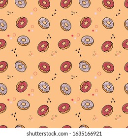 Funny donut pattern. Line made drawing. Yellow background. Editable vector.