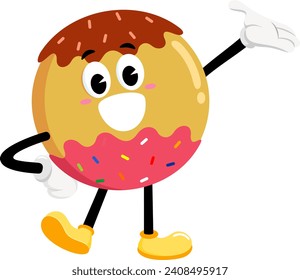 Funny Donut Retro Cartoon Character Waving For Greeting. Vector Illustration Flat Design Isolated On Transparent Background