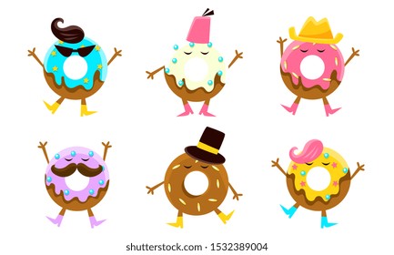 Funny Donut sCartoon Characters Set, Sweet Humanized Doughnuts with Arms and Legs Vector Illustration