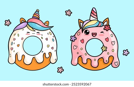 Unicornio de dona divertido con gotas de glaseado. Cute aislado deliciosos pasteles de dibujos animados carácter kawaii comida dulce. Ilustración vectorial. Colección para niños