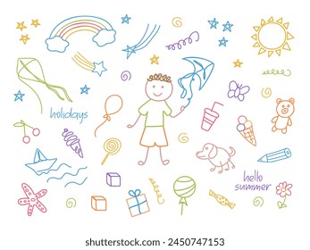 Funny doodl boy childish elements set. Summer holidays, fun, happy childhood illustration. Hand drawn cute colorful background. Elements for kids design