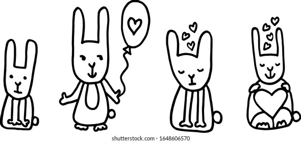 Funny doodle with 4 rabbit with different emotions. Hearts and air balloons. Best for kids design. Happy and sad. hand drawn vector illustration isolated on white.