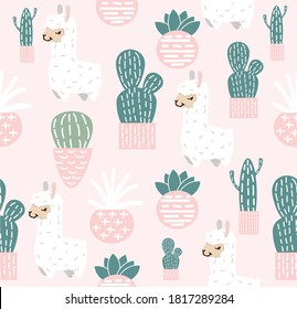  Funny doodle alpaca with Cactus seamless pattern