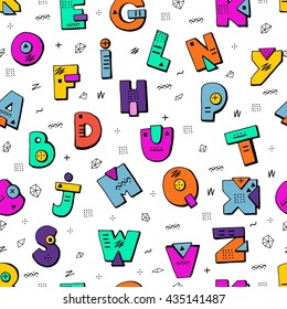 Funny doodle alphabet. Colorful creative seamless pattern. ABC. Kids endless texture with letters. 