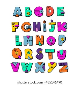 Funny doodle alphabet. Colorful creative design ABC kids  hand drawn cartoon letters.