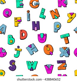 Funny doodle alphabet. Colorful creative seamless pattern. ABC. Kids endless texture with letters. 