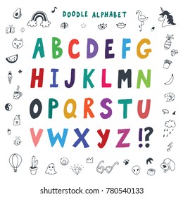 funny doodle alphabet vector illustrations set