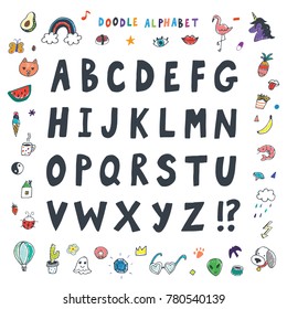 funny doodle alphabet vector illustrations set