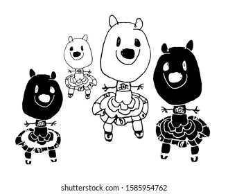 Funny doodle animals in baby hand drawn naive style. Elements for design with childish doodling graphics for design of kids books and stationery, clothing and knitwear, printing on t-shirts, bedding.