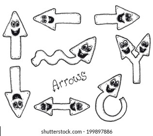 Funny Doodle Arrows Characters Set/ Illustration of a set of funny doodle hand drawn arrows characters set, for ui game and user interface software