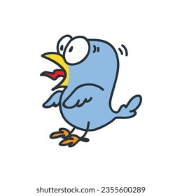 Funny doodle bird. Cartoon illustration of a scared blue bird isolated on a white background. Vector 10 EPS.